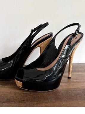 New Sigrid Black Gucci  Patent Peep-Toe Slingback Heels with Woven Stiletto